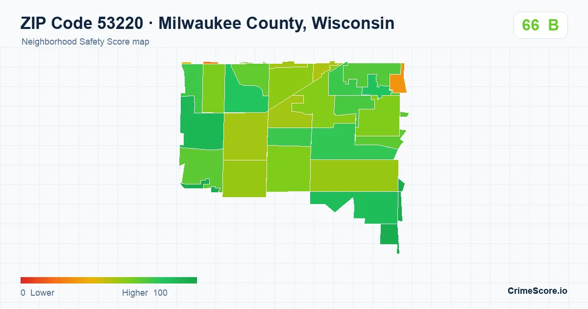 ZIP Code 53220 in Milwaukee County, Wisconsin neighborhood Safety Score map