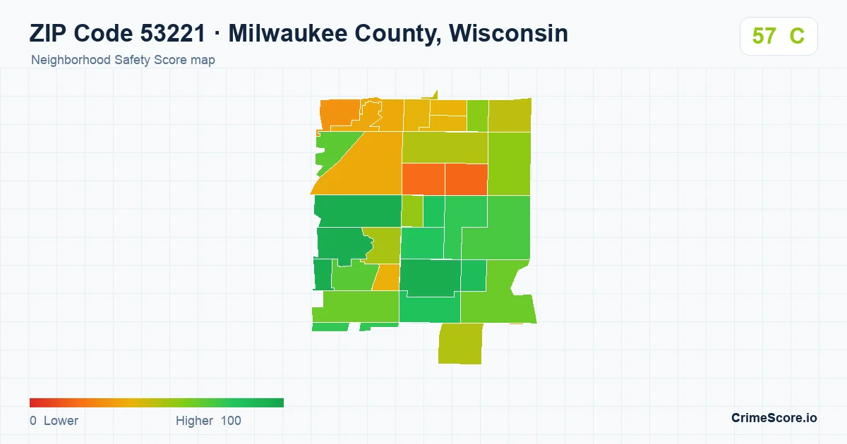 ZIP Code 53221 in Milwaukee County, Wisconsin neighborhood Safety Score map