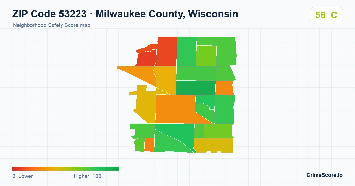 ZIP Code 53223 in Milwaukee County, Wisconsin neighborhood Safety Score map