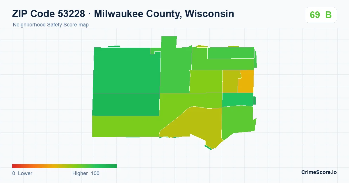 ZIP Code 53228 in Milwaukee County, Wisconsin neighborhood Safety Score map