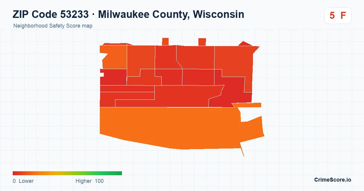 ZIP Code 53233 in Milwaukee County, Wisconsin neighborhood Safety Score map