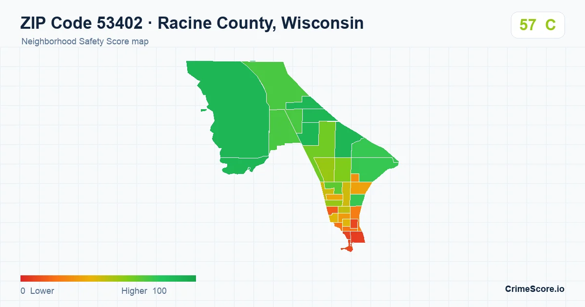 ZIP Code 53402 in Racine County, Wisconsin neighborhood Safety Score map