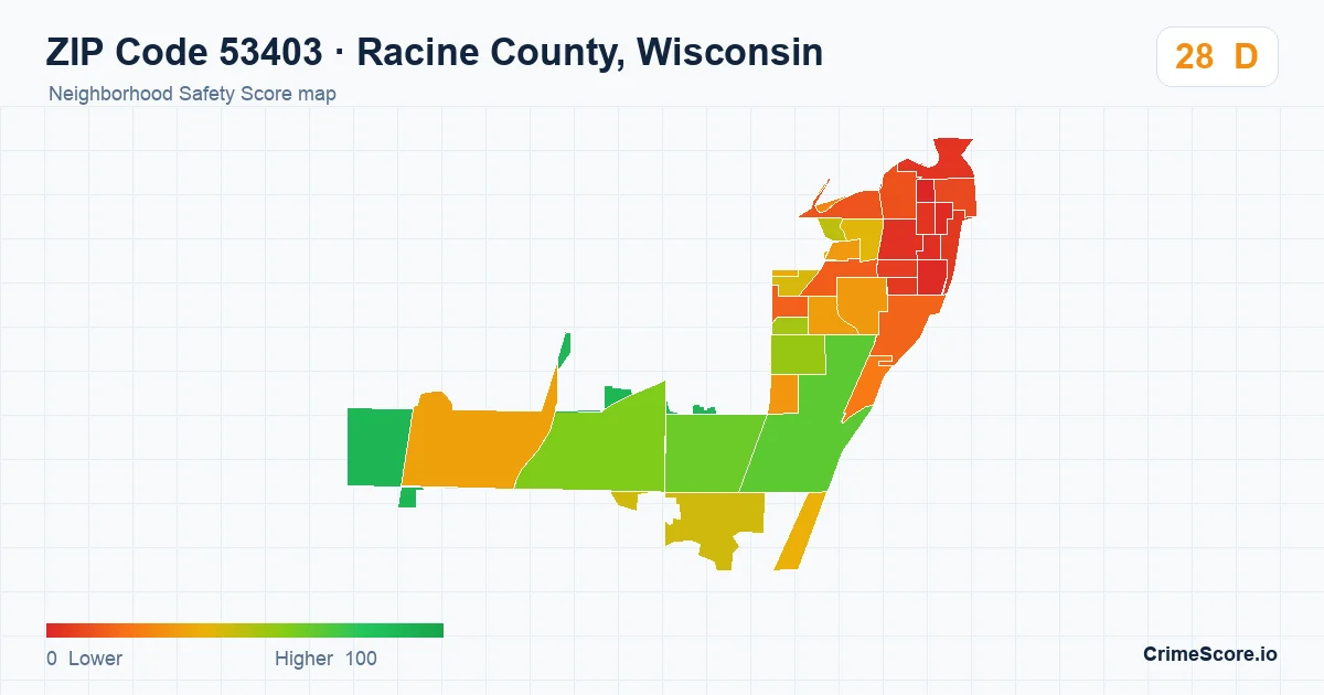 ZIP Code 53403 in Racine County, Wisconsin neighborhood Safety Score map