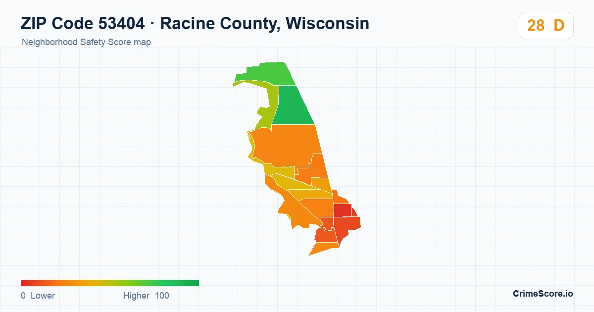 ZIP Code 53404 in Racine County, Wisconsin neighborhood Safety Score map