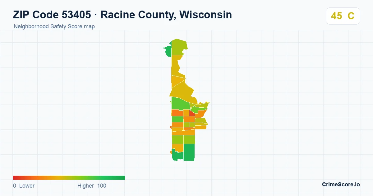 ZIP Code 53405 in Racine County, Wisconsin neighborhood Safety Score map