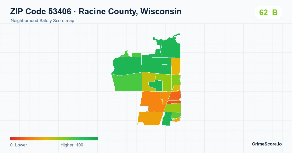 ZIP Code 53406 in Racine County, Wisconsin neighborhood Safety Score map
