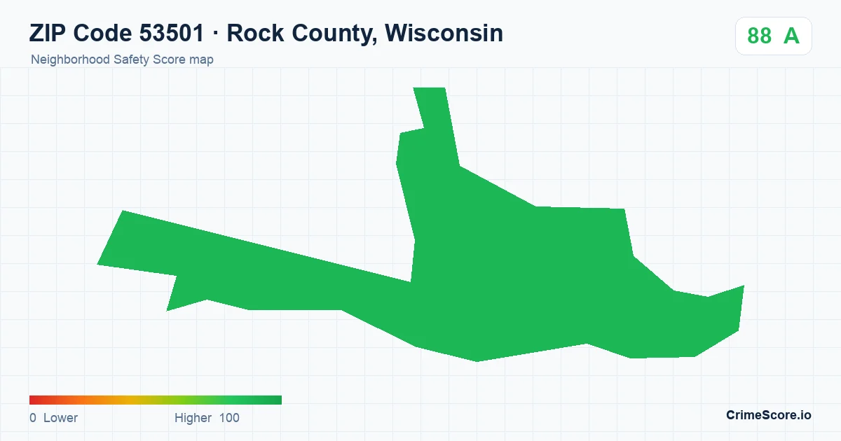 ZIP Code 53501 in Rock County, Wisconsin neighborhood Safety Score map