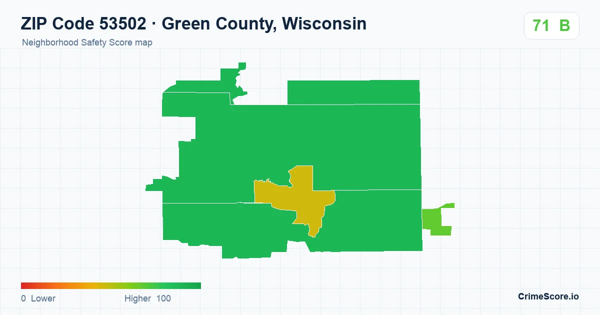 ZIP Code 53502 in Green County, Wisconsin neighborhood Safety Score map