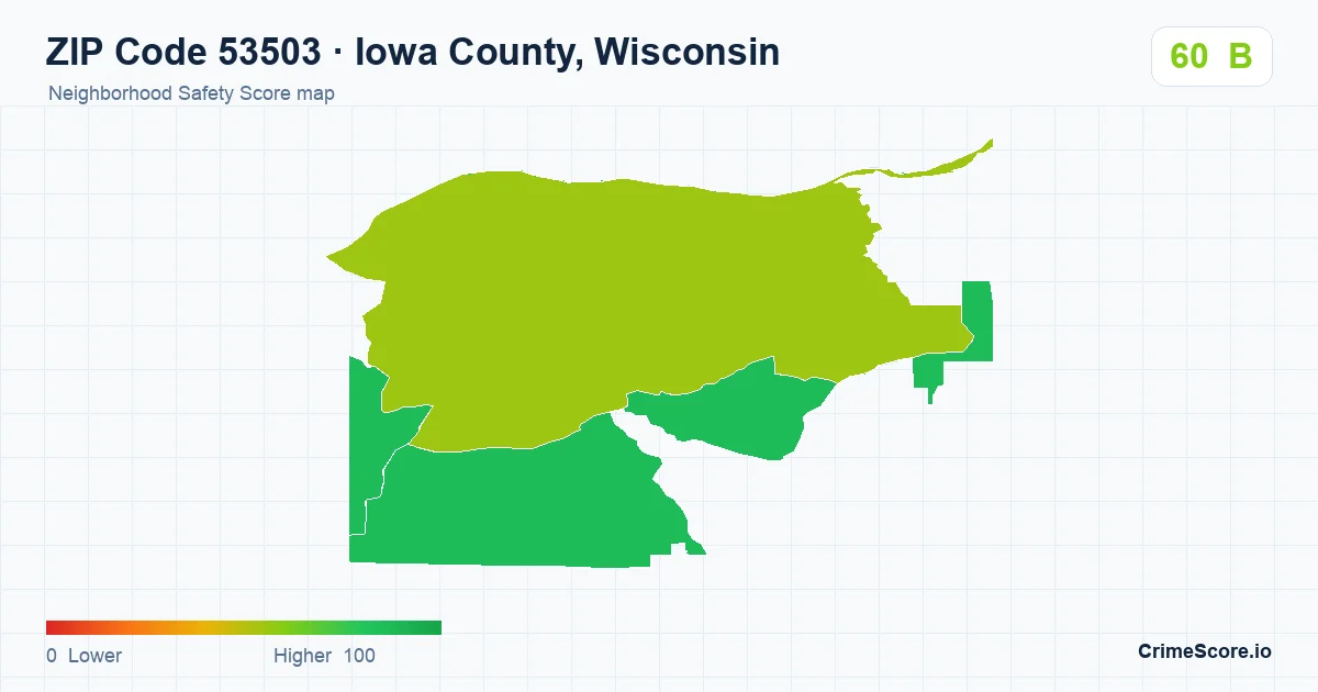 ZIP Code 53503 in Iowa County, Wisconsin neighborhood Safety Score map