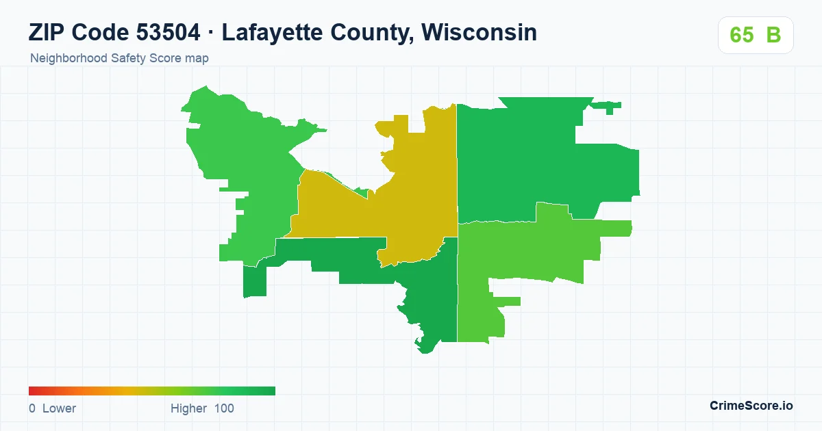 ZIP Code 53504 in Lafayette County, Wisconsin neighborhood Safety Score map