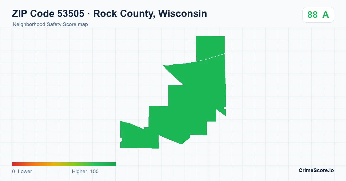 ZIP Code 53505 in Rock County, Wisconsin neighborhood Safety Score map
