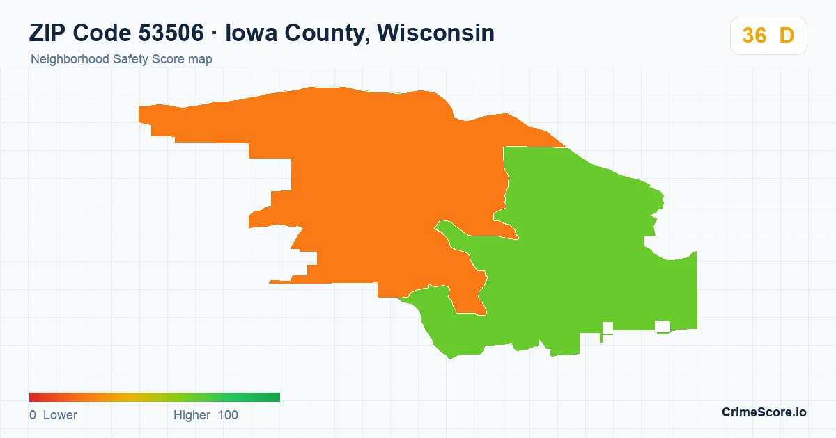 ZIP Code 53506 in Iowa County, Wisconsin neighborhood Safety Score map