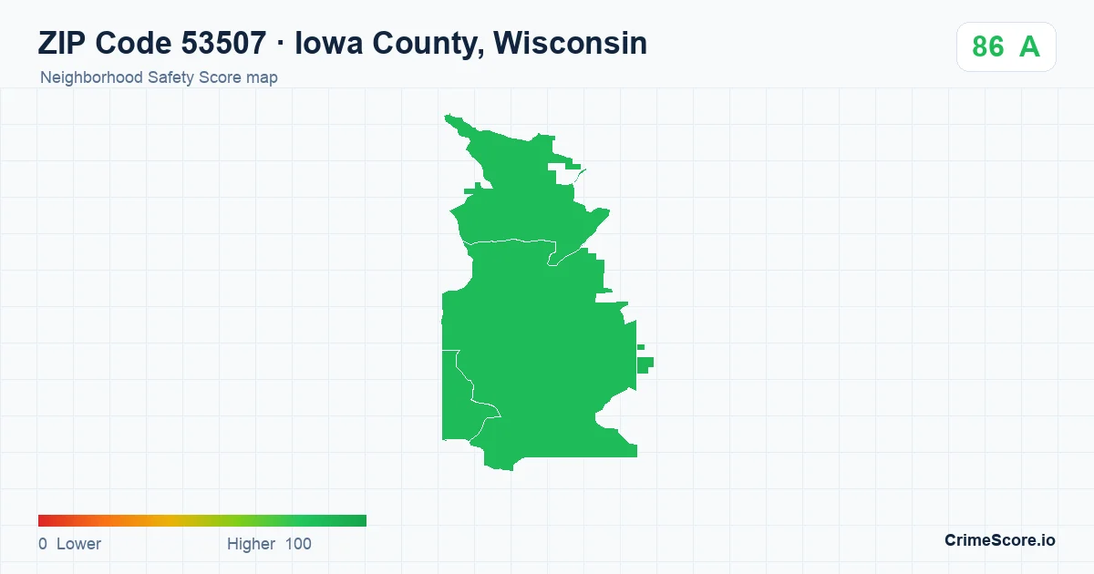 ZIP Code 53507 in Iowa County, Wisconsin neighborhood Safety Score map