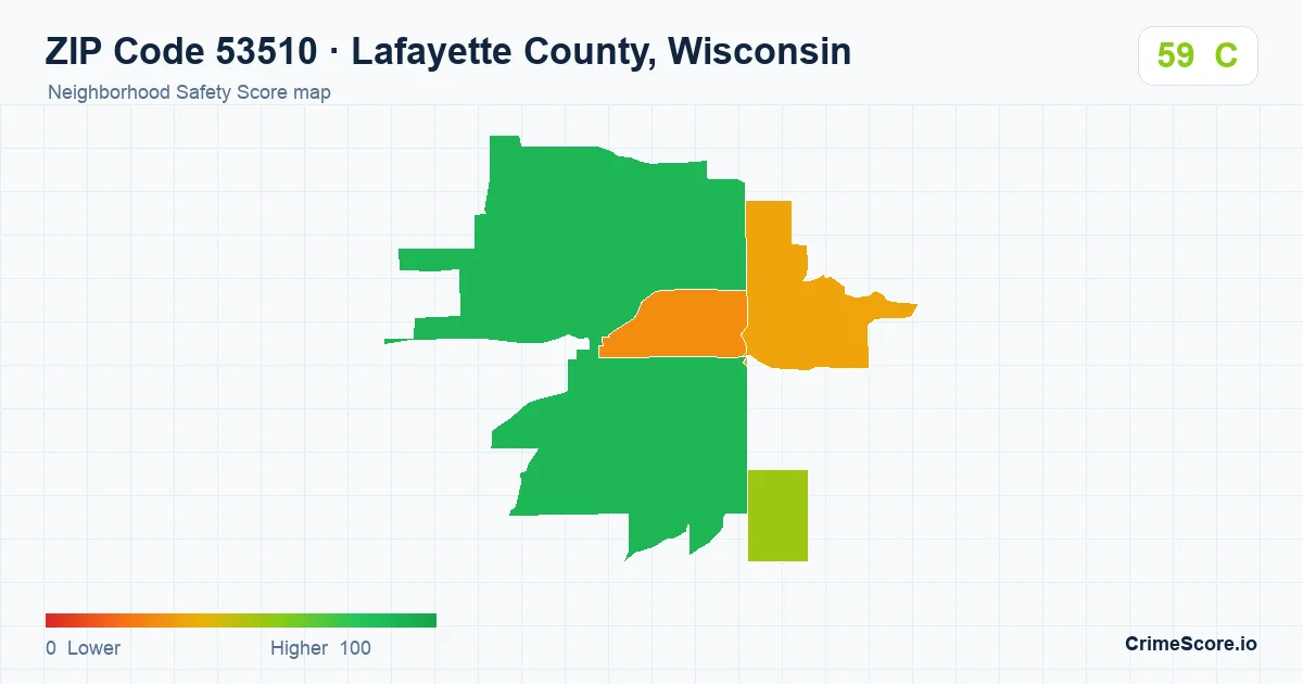 ZIP Code 53510 in Lafayette County, Wisconsin neighborhood Safety Score map