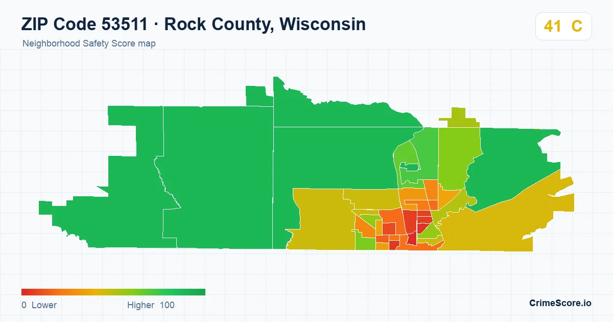 ZIP Code 53511 in Rock County, Wisconsin neighborhood Safety Score map