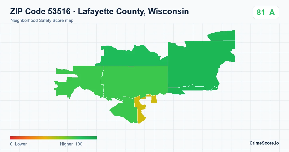 ZIP Code 53516 in Lafayette County, Wisconsin neighborhood Safety Score map