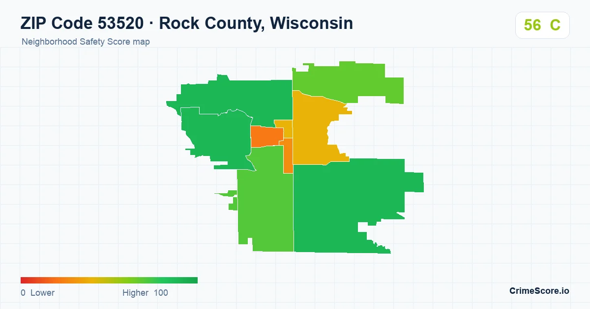ZIP Code 53520 in Rock County, Wisconsin neighborhood Safety Score map