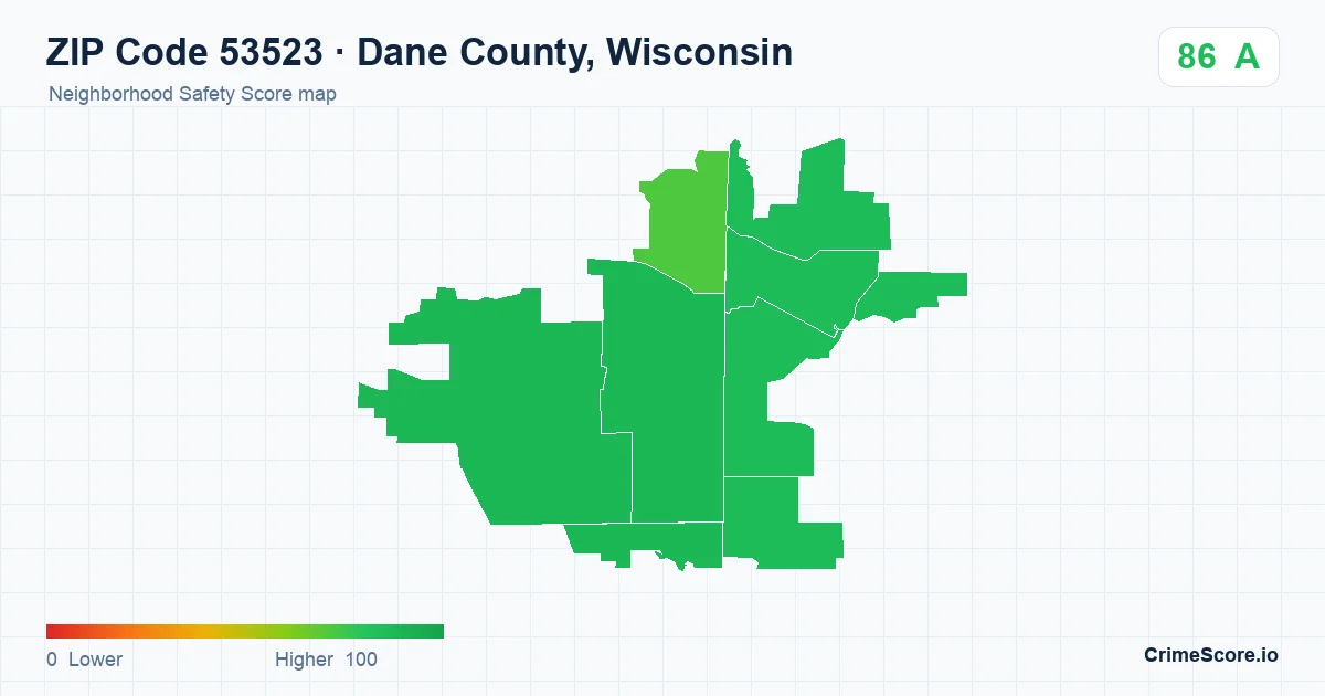 ZIP Code 53523 in Dane County, Wisconsin neighborhood Safety Score map