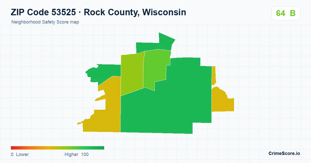 ZIP Code 53525 in Rock County, Wisconsin neighborhood Safety Score map