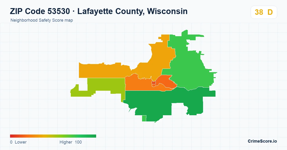 ZIP Code 53530 in Lafayette County, Wisconsin neighborhood Safety Score map