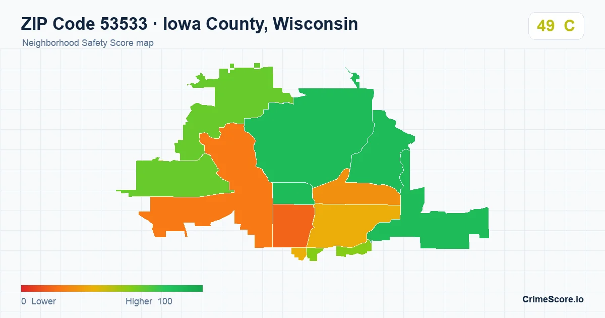 ZIP Code 53533 in Iowa County, Wisconsin neighborhood Safety Score map
