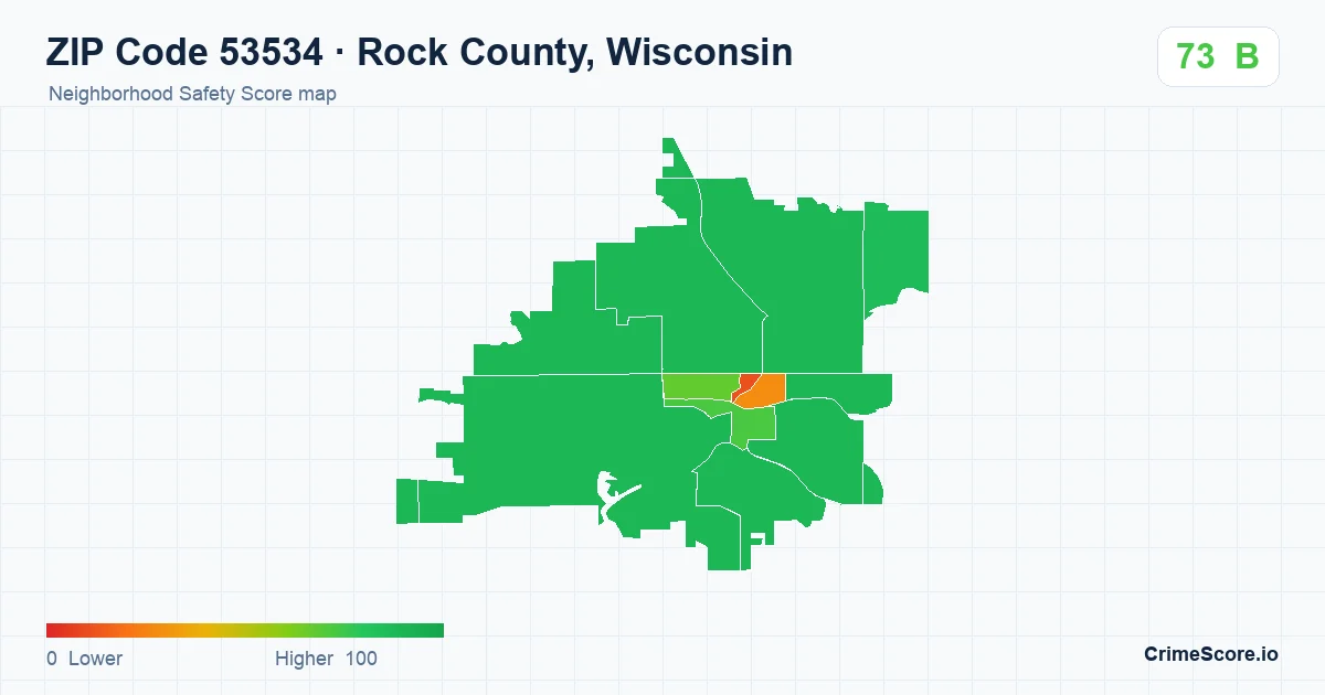 ZIP Code 53534 in Rock County, Wisconsin neighborhood Safety Score map