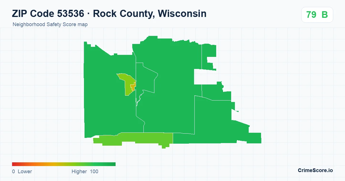 ZIP Code 53536 in Rock County, Wisconsin neighborhood Safety Score map