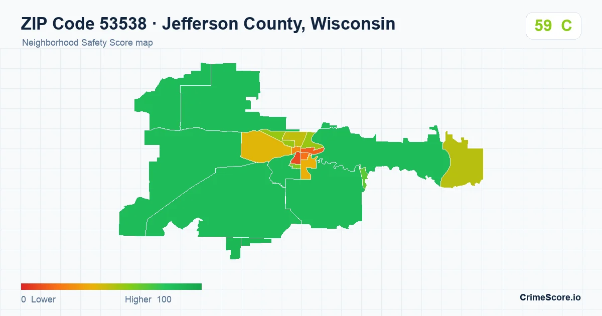ZIP Code 53538 in Jefferson County, Wisconsin neighborhood Safety Score map