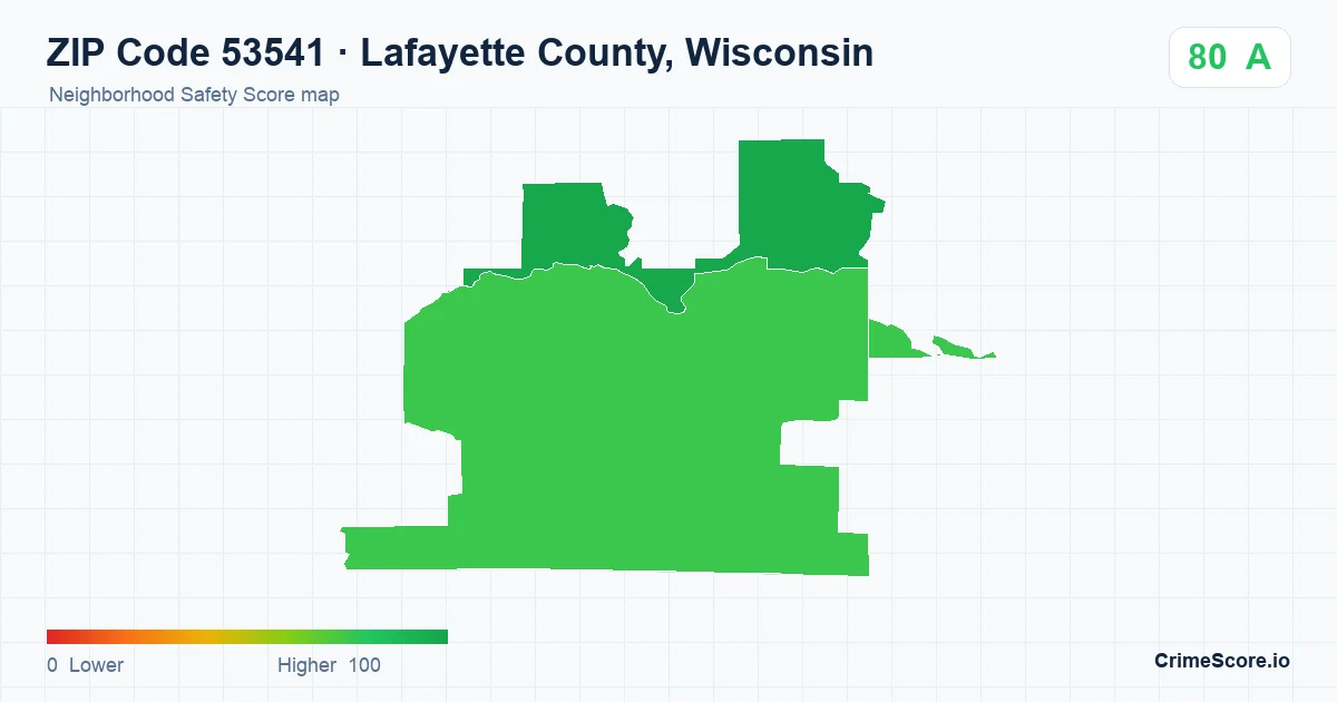 ZIP Code 53541 in Lafayette County, Wisconsin neighborhood Safety Score map