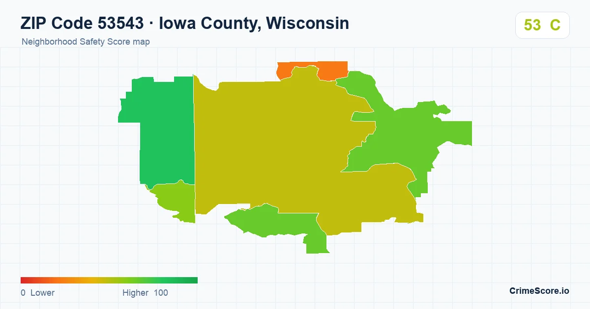 ZIP Code 53543 in Iowa County, Wisconsin neighborhood Safety Score map