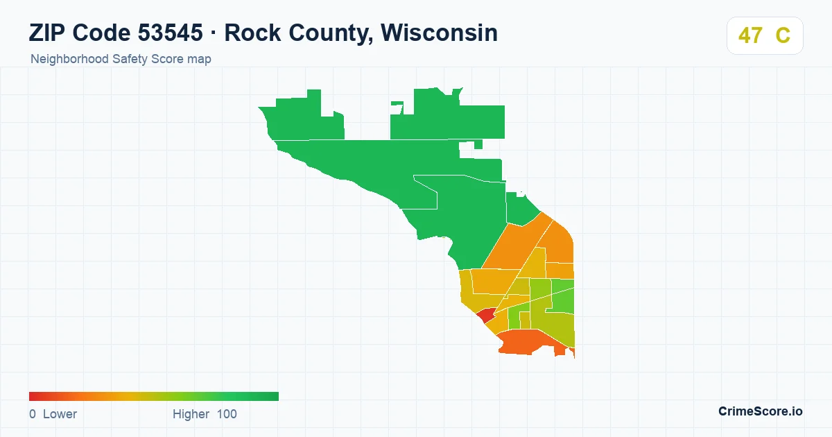 ZIP Code 53545 in Rock County, Wisconsin neighborhood Safety Score map
