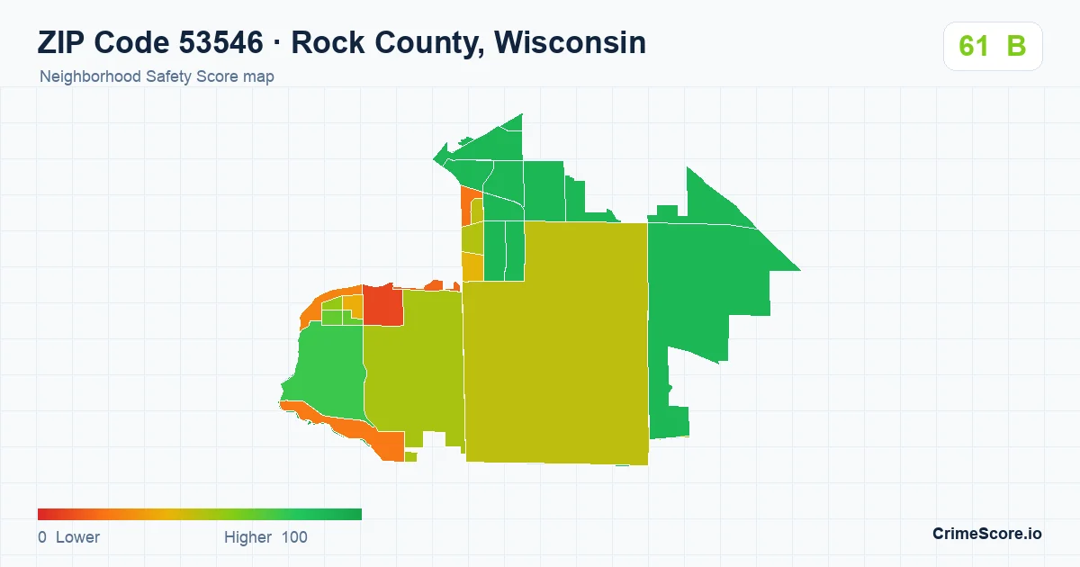 ZIP Code 53546 in Rock County, Wisconsin neighborhood Safety Score map