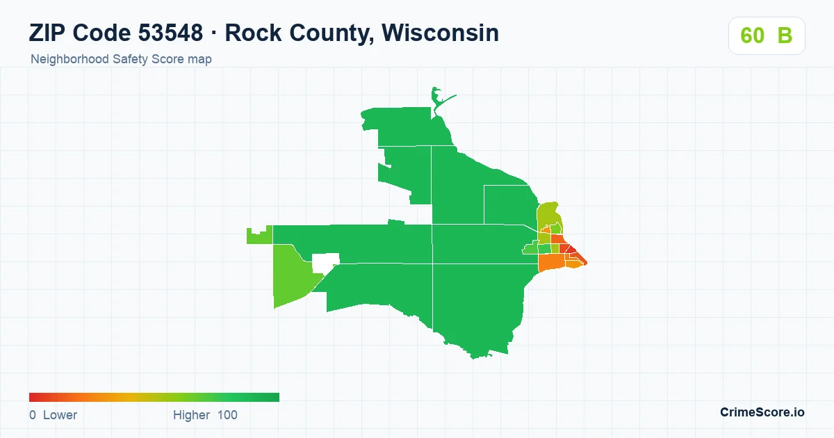 ZIP Code 53548 in Rock County, Wisconsin neighborhood Safety Score map