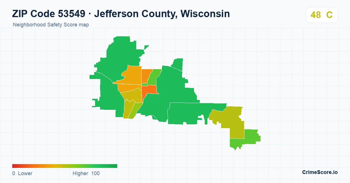 ZIP Code 53549 in Jefferson County, Wisconsin neighborhood Safety Score map