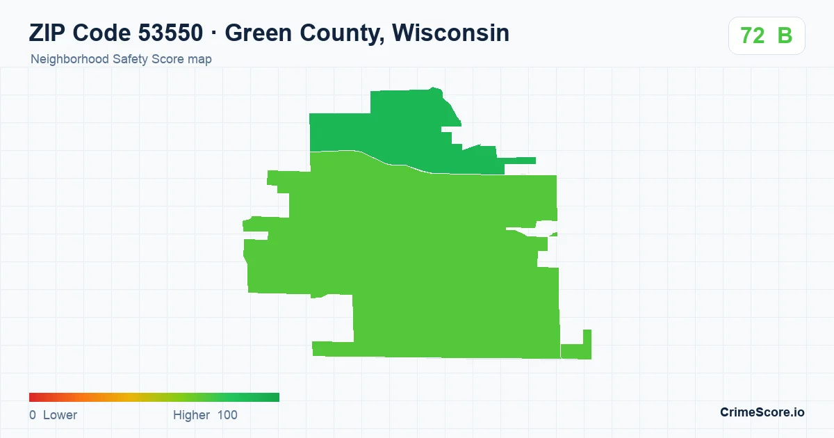 ZIP Code 53550 in Green County, Wisconsin neighborhood Safety Score map