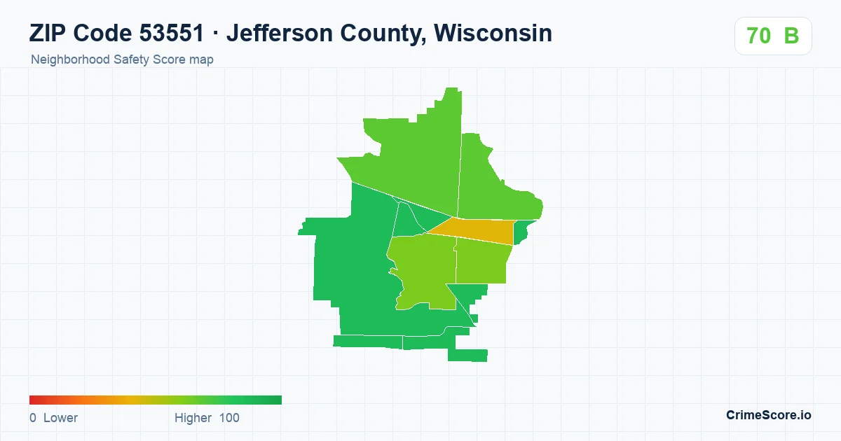 ZIP Code 53551 in Jefferson County, Wisconsin neighborhood Safety Score map