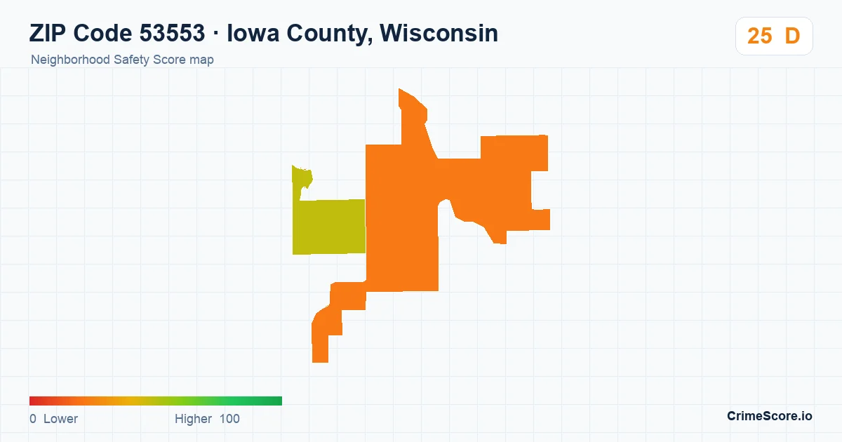 ZIP Code 53553 in Iowa County, Wisconsin neighborhood Safety Score map