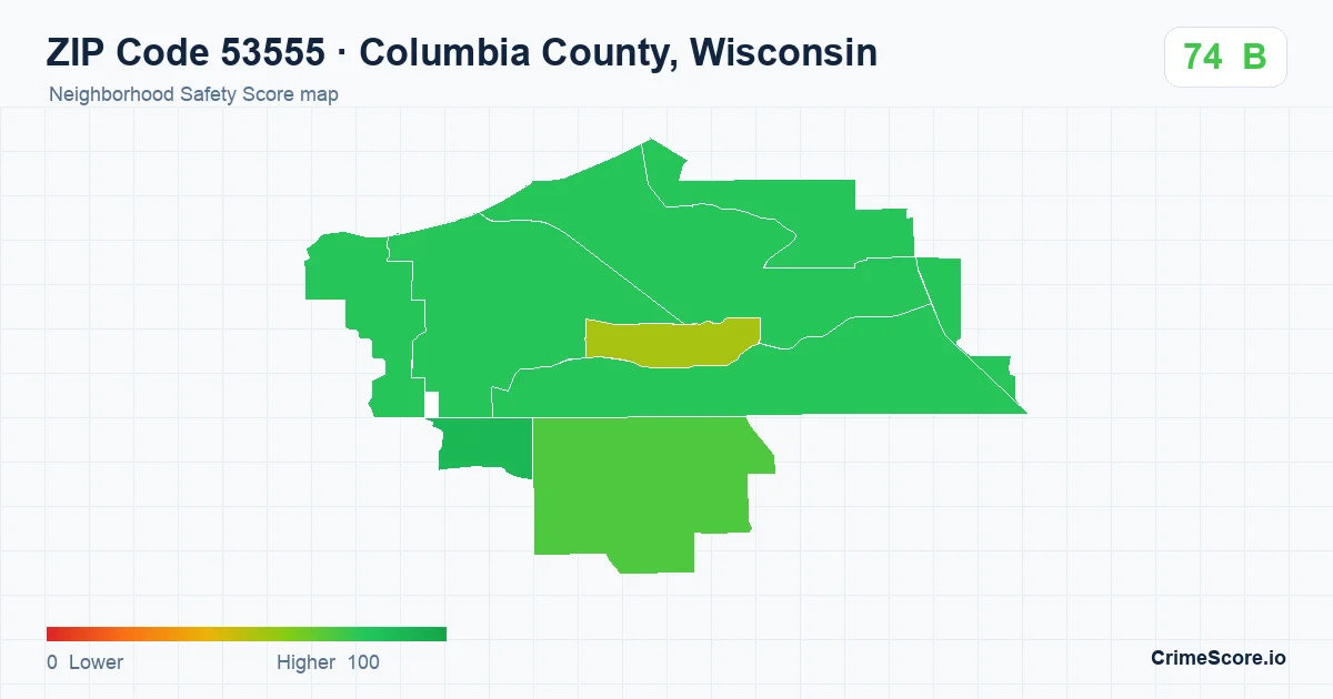 ZIP Code 53555 in Columbia County, Wisconsin neighborhood Safety Score map