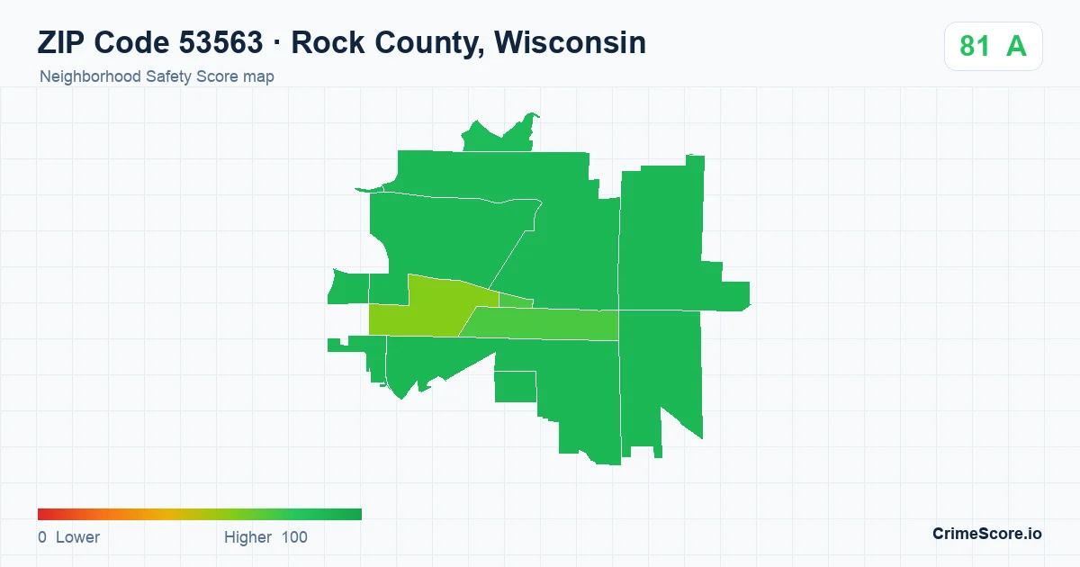 ZIP Code 53563 in Rock County, Wisconsin neighborhood Safety Score map