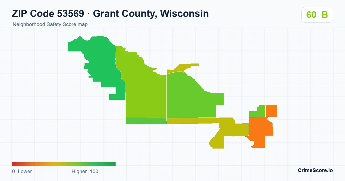 ZIP Code 53569 in Grant County, Wisconsin neighborhood Safety Score map