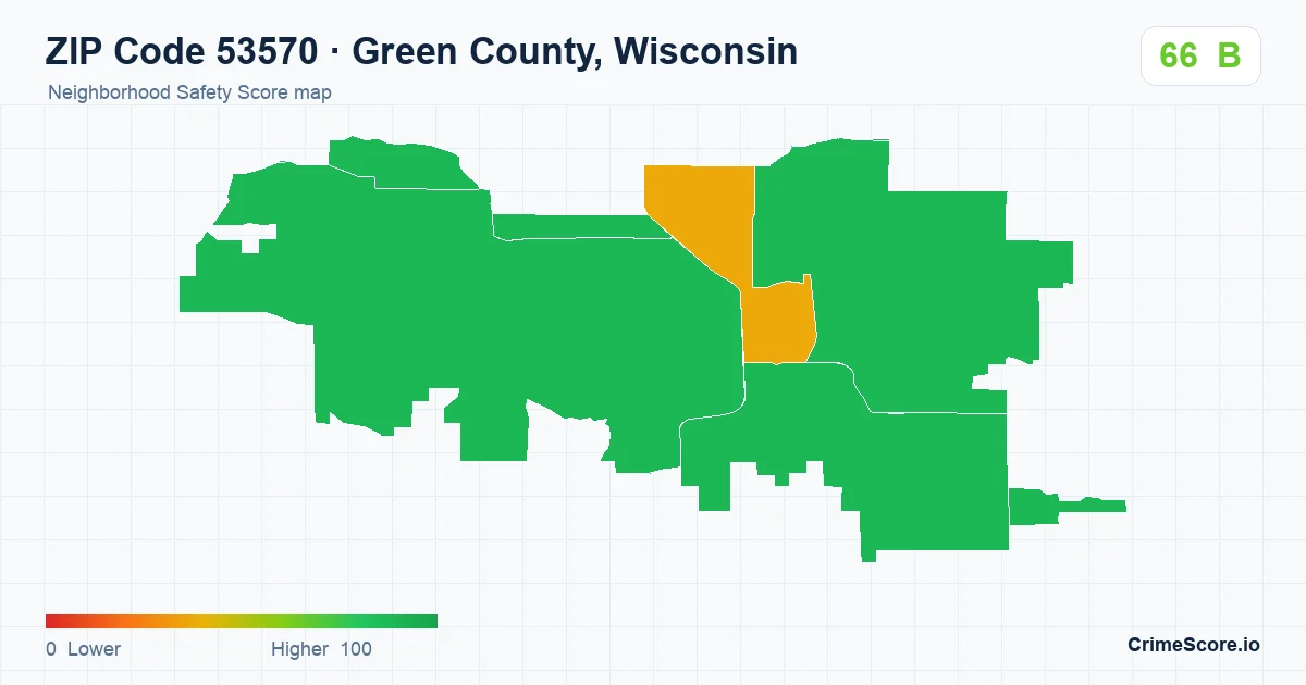 ZIP Code 53570 in Green County, Wisconsin neighborhood Safety Score map