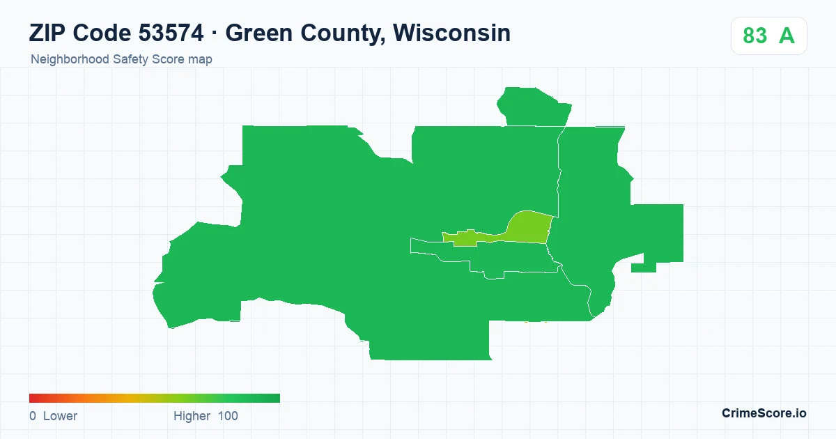 ZIP Code 53574 in Green County, Wisconsin neighborhood Safety Score map