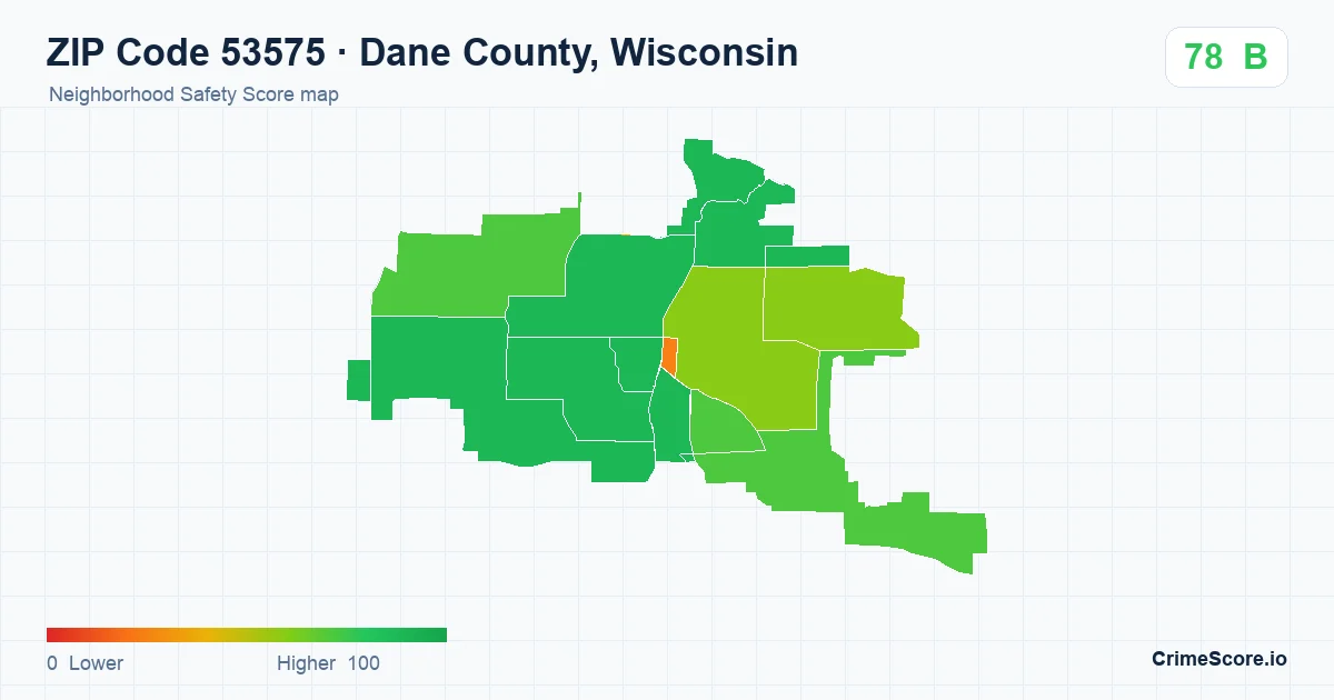 ZIP Code 53575 in Dane County, Wisconsin neighborhood Safety Score map