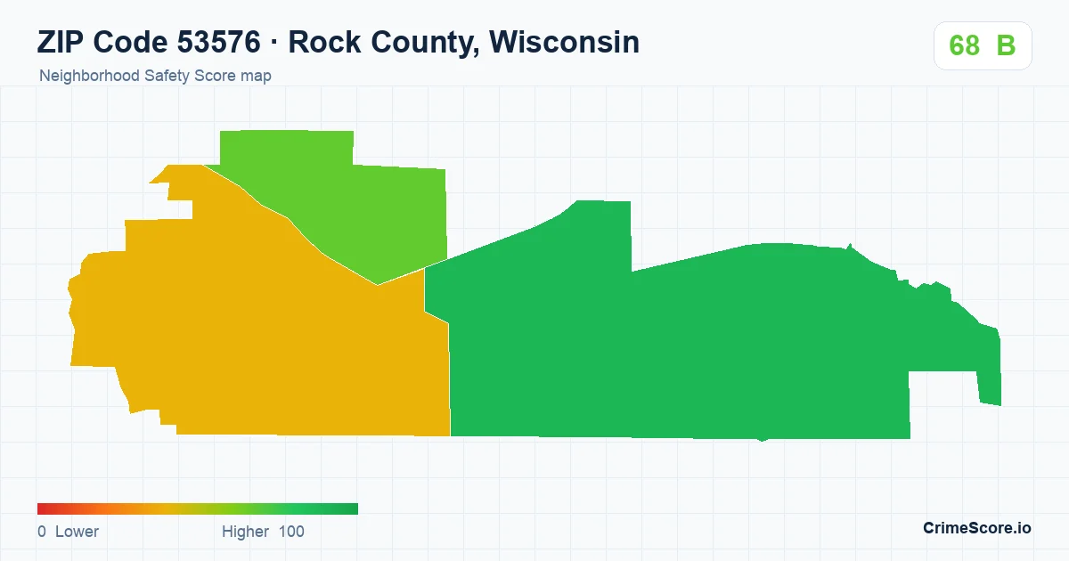 ZIP Code 53576 in Rock County, Wisconsin neighborhood Safety Score map