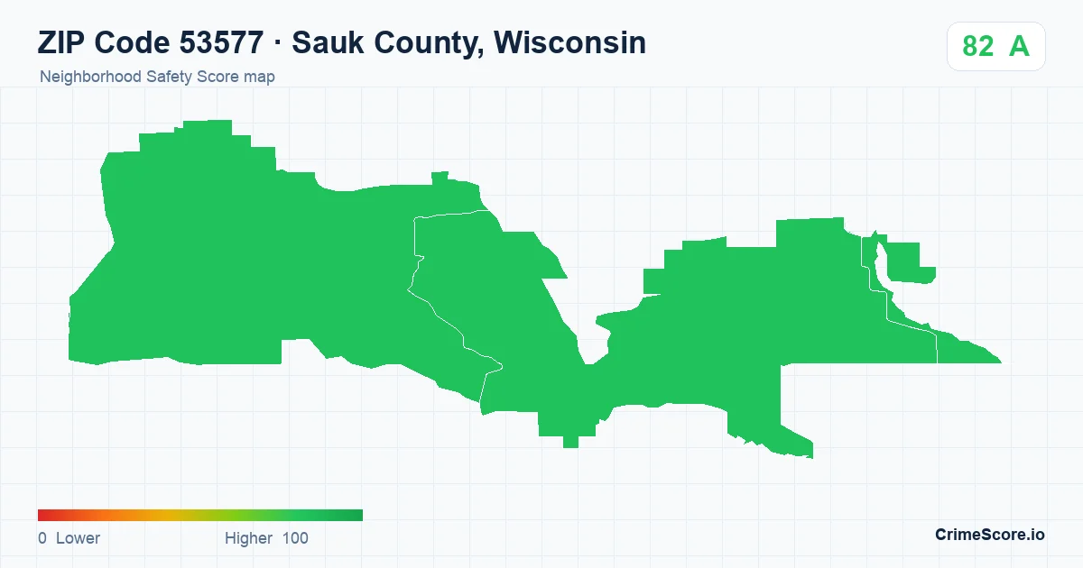 ZIP Code 53577 in Sauk County, Wisconsin neighborhood Safety Score map