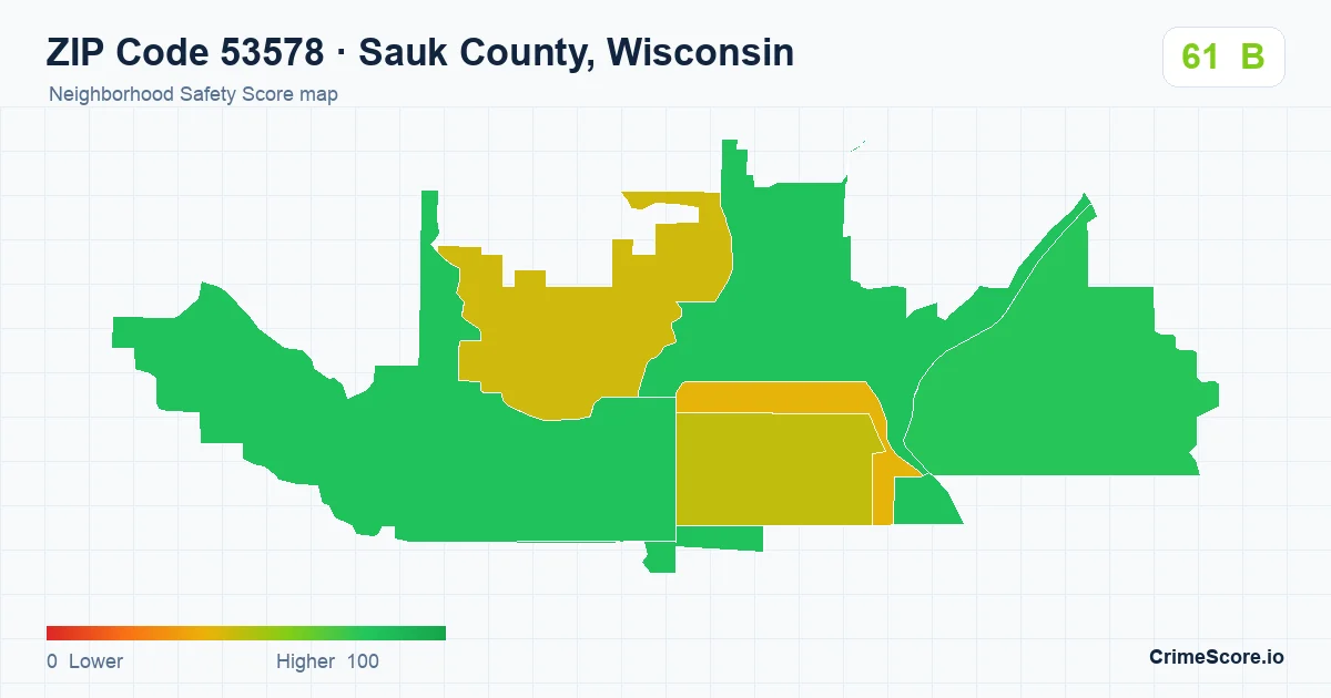 ZIP Code 53578 in Sauk County, Wisconsin neighborhood Safety Score map