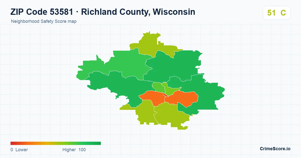 ZIP Code 53581 in Richland County, Wisconsin neighborhood Safety Score map