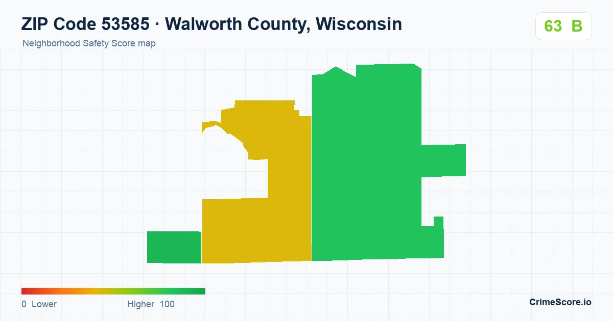 ZIP Code 53585 in Walworth County, Wisconsin neighborhood Safety Score map