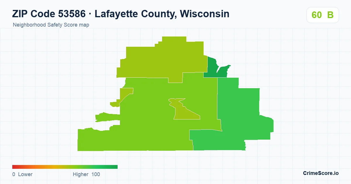ZIP Code 53586 in Lafayette County, Wisconsin neighborhood Safety Score map