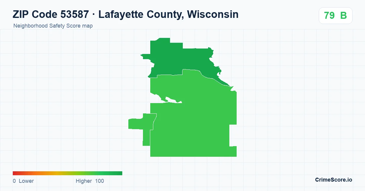 ZIP Code 53587 in Lafayette County, Wisconsin neighborhood Safety Score map